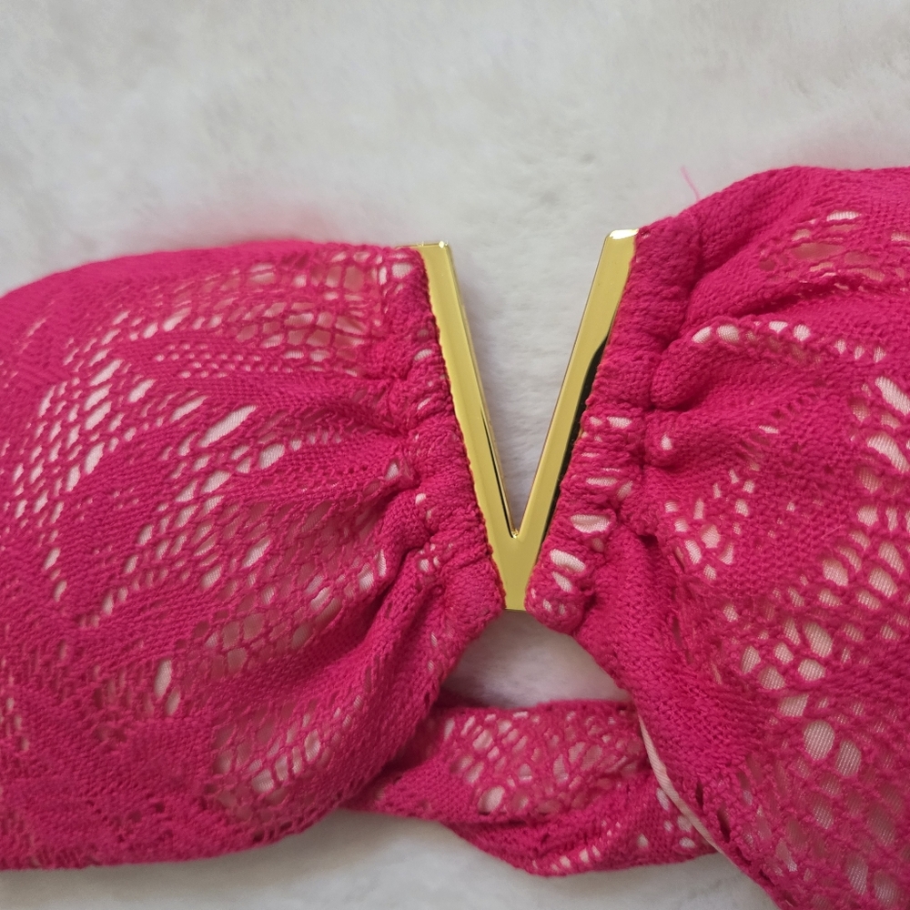Victoria's Secret Pink Lace Bandeau bikini Top gold Tone V Front Size M - Picture 5 of 8